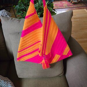 🧶 Hand-Crocheted Angular Tote in Vibrant Pink & Orange